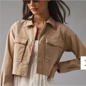 Anthropologie Pilcro Cropped Embroidered Utility Jacket Tan